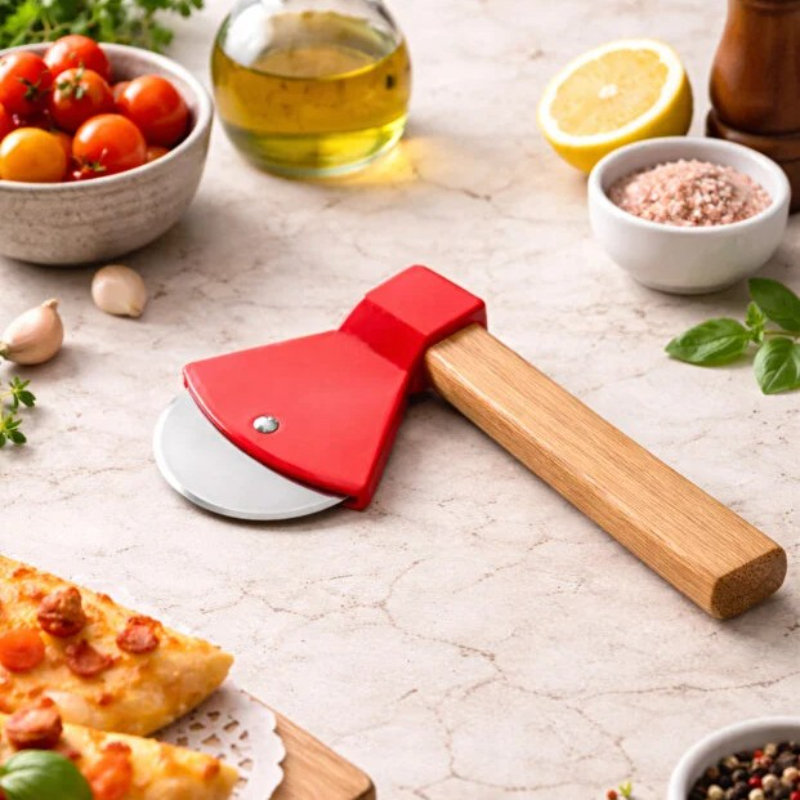 Pizza Kesici - Balta Tasarımlı - Ahşap Saplı - Paslanmaz Çelik Bıçaklı - 2